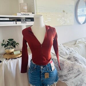 Red Fitted Buttoned Bodysuit Top